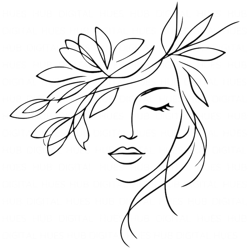May include: A minimalist black and white line drawing of a woman's face with closed eyes, adorned with a floral and leaf crown. The artwork features delicate lines, emphasizing the contours of the face and the flowing hair.