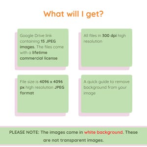 May include: Image with the text "What will I get?" and four green rectangles with white text. The text describes a Google Drive link with 15 JPEG images, a lifetime commercial license, and a file size of 4096 x 4096 px.