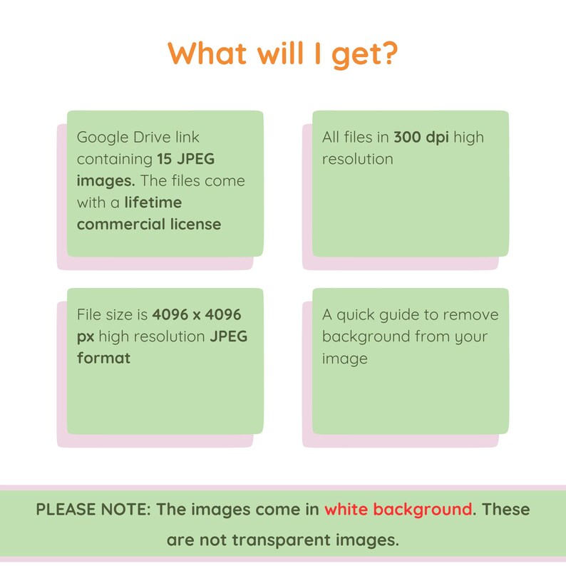 May include: Image with the text "What will I get?" and four green rectangles with white text. The text describes a Google Drive link with 15 JPEG images, a lifetime commercial license, and a file size of 4096 x 4096 px.