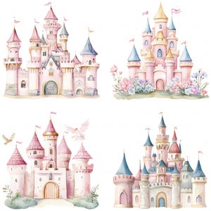 May include: Four watercolor illustrations of pink and blue castles with intricate details. Each castle has a unique design and is surrounded by flowers.