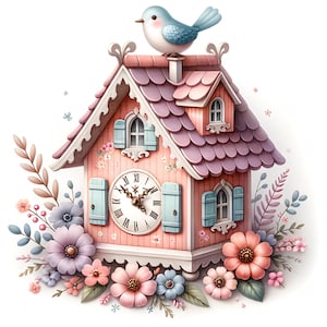 10 Floral Cuckoo Clock Clipart Watercolor Vintage Wall Clock Art Printable High Quality JPEG For Junk Journal Paper Craft Scrapbook Nursery