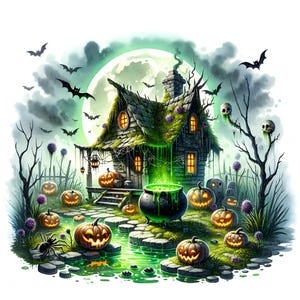 10 Spooky Witch Cottage Clipart Watercolor Halloween Cottage Decor Printable High Quality JPEG Junk Journals Paper Crafts Scrapbook Tshirts