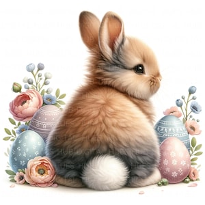 Può includere: Un'illustrazione digitale di un coniglietto marrone e grigio soffice con una coda bianca, circondato da uova di Pasqua e fiori dai colori pastello. Le uova sono decorate con motivi e i fiori sono rosa e blu.