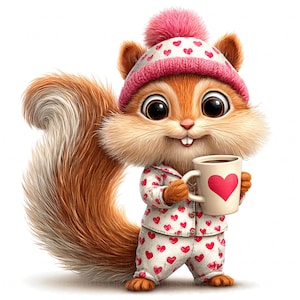 May include: A cartoon squirrel wearing a pink bobble hat and pyjamas patterned with red hearts. The squirrel holds a mug with a red heart, filled with coffee. The squirrel has a fluffy tail and is set against a white background.