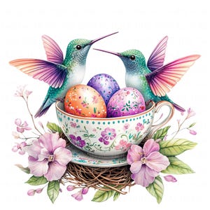 17 Oeufs de Pâques Colibri Clipart aquarelle floral nid dans une tasse de thé imprimable haute qualité JPEG Junk Journal Paper Craft Scrapbook Nursery