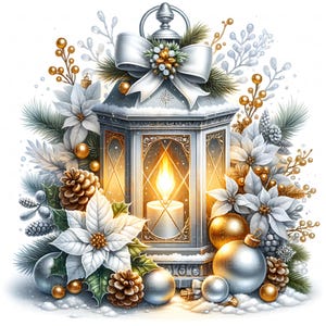 Può includere: Una lanterna argentata con una candela accesa, adornata con un fiocco bianco, aghi di pino, stelle di Natale bianche, ornamenti dorati e argentati e pigne. La lanterna ha un design decorativo ed è circondata da decorazioni festive.