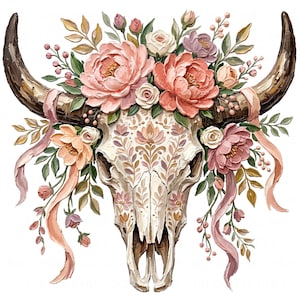 12 Brushstroke Floral Western Bull Skull Clipart Bundle: Watercolor Longhorn Skull PNG, Impasto Painting Boho Cow Skull Digital Download