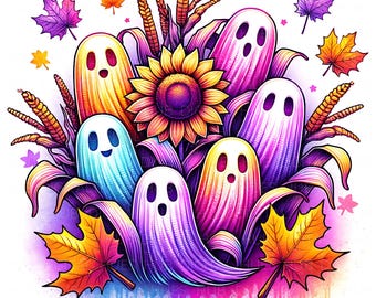 10 Kawaii Ghost Clipart: Watercolor Cute Pastel Halloween, Neon Fall Art JPEG Digital Download For Junk Journal, Scrapbook, Sticker & Craft