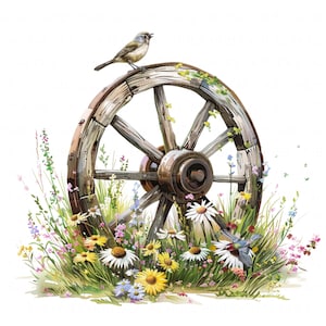 10 Floral Wagon Wheel Clipart Aquarell Floral Holzrad Warenkorb Rad Printable High Quality JPEG für Junk Journal Scrapbook Papier Handwerk
