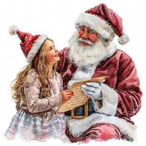 10 Little Girls with Santa Clipart Watercolor Children with Santa Printable High Quality JPEG For Junk Journal Paper Crafts Scrapbooks Cards