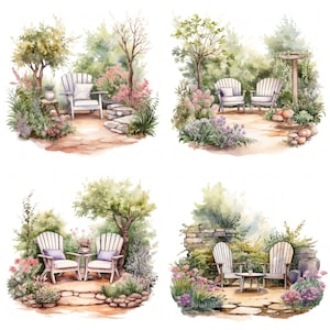 Lot de 13 cliparts paisibles avec coin salon, jardin aquarelle, cliparts JPEG haute qualité imprimable pour albums de scrapbooking, journal indésirable, créations en papier