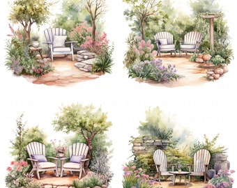 May include: Four watercolor illustrations of different garden seating areas. Each scene features white wooden chairs and a small table. The gardens are lush with green foliage, flowers, and stone pathways.