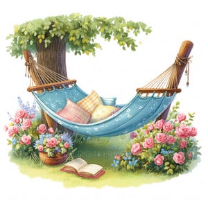 10 gezellige hangmat clipart aquarel huiveringwekkende hoek zomertuin leeshoekje afdrukbare hoge kwaliteit PNG ongewenste dagboek scrapbook papier ambachtelijke