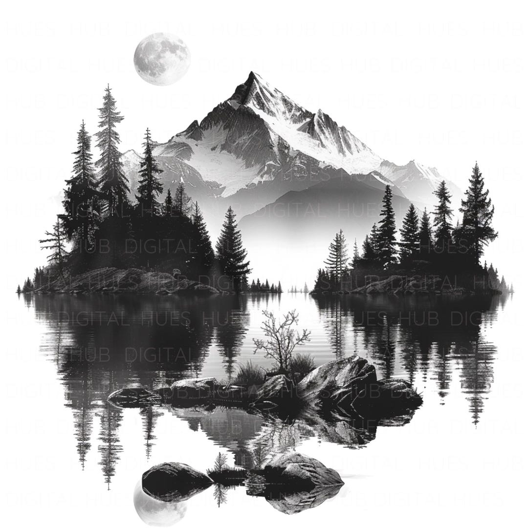 15 Black White Landscape Clipart Bundle Lake Mountain Sketch