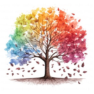 Può includere: Dipinto ad acquerello di un albero con foglie di diversi colori dell'arcobaleno. Le foglie cadono dall'albero.