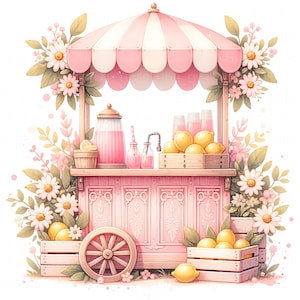 11 Pink Lemonade Stand Clipart Cute Vintage Lemonade Cart, Pastel Floral Lemonade Stall Printable High Quality JPEG for Crafts, Invitation