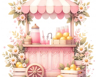 11 Pink Lemonade Stand Clipart Cute Vintage Lemonade Cart, Pastel Floral Lemonade Stall Printable High Quality JPEG for Crafts, Invitation