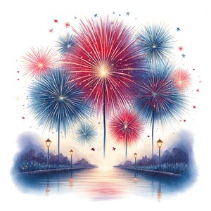 Può includere: Un'illustrazione ad acquerello di fuochi d'artificio che esplodono sopra un lago calmo con un riflesso dei fuochi d'artificio nell'acqua. I fuochi d'artificio sono rossi, bianchi e blu, e ci sono lampioni che costeggiano il lago.