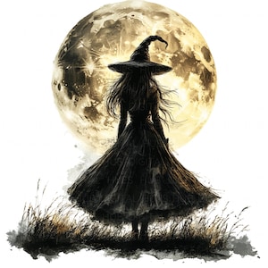 May include: Silhouette of a witch in a black dress and pointed hat standing in tall grass with a large, full moon behind her.