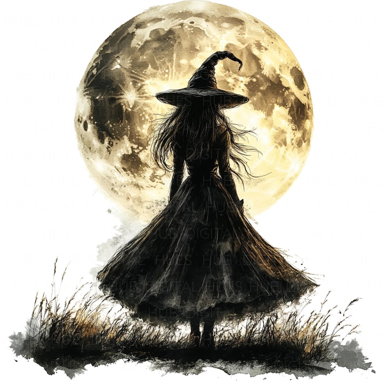 May include: Silhouette of a witch in a black dress and pointed hat standing in tall grass with a large, full moon behind her.