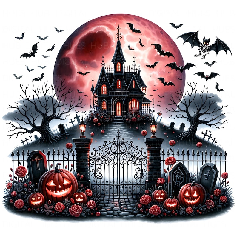 Haunted Gate Roses 10 Haunted House Clipart Watercolor Halloween Gothic Castle Spooky ...