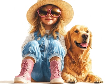 女の子と犬のカスタムクリップアート、パーソナライズされたペットの