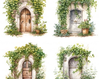 12 Garden Door Clipart Bundle Watercolor Rustic Wooden Door Clipart High Quality JPEG Printable For Scrapbook Junk Journal Paper Craft DIYs