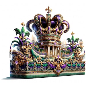 May include: An elaborate illustration of a Mardi Gras float, showcasing a large, ornate crown in purple and gold. The float is adorned with fleur-de-lis, green and purple draping, and intricate architectural details. The design is opulent and festive.