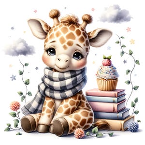 11 Baby Giraffe With Books Clipart Watercolor Giraffe for Nursery Baby Party Printable High Quality JPEG Junk Journal Paper Craft Scrapbook