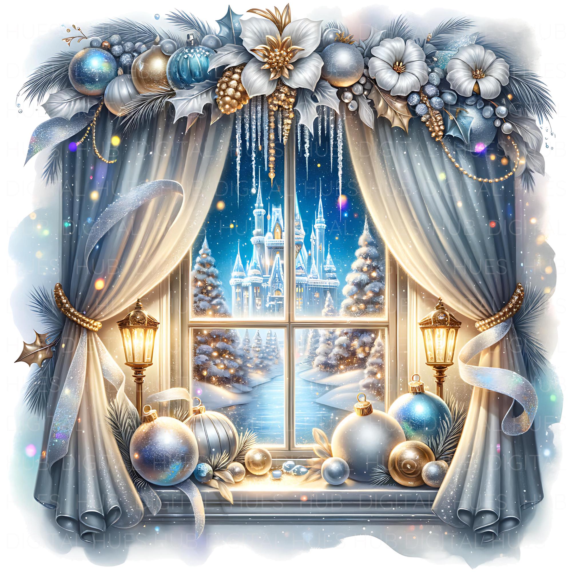 Window Animation Holiday 10 Blue Christmas Window Scene Clipart: Watercolor Cozy Winter Village ...