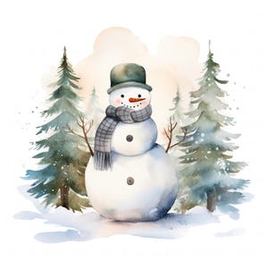 12 imágenes prediseñadas de paisaje navideño de muñeco de nieve, acuarela, festivo, gráfico imprimible en formato JPEG de alta calidad para diario basura, manualidades, álbumes de recortes