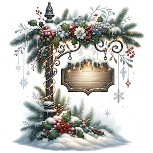 May include: A festive signpost illustration featuring a wooden sign, adorned with snow, holly, berries, and pine branches. The signpost is wrapped with string lights and decorated with hanging snowflakes and ornaments, creating a winter holiday theme.