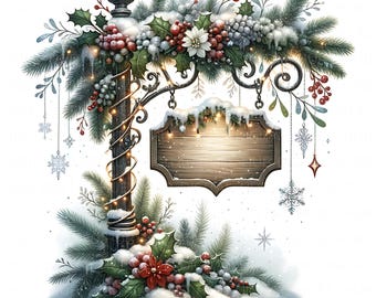 12 Snowy Christmas Signpost Clipart: Watercolor Holiday Signage JPG, Vintage Garden Sign Frame Digital Download For Xmas Junk Journal & Card