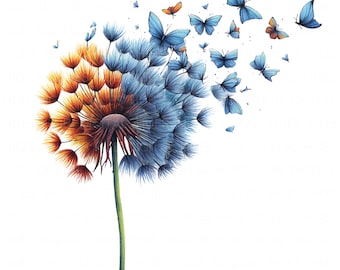 May include: A dandelion with orange and blue seeds, with blue butterflies flying away from it.