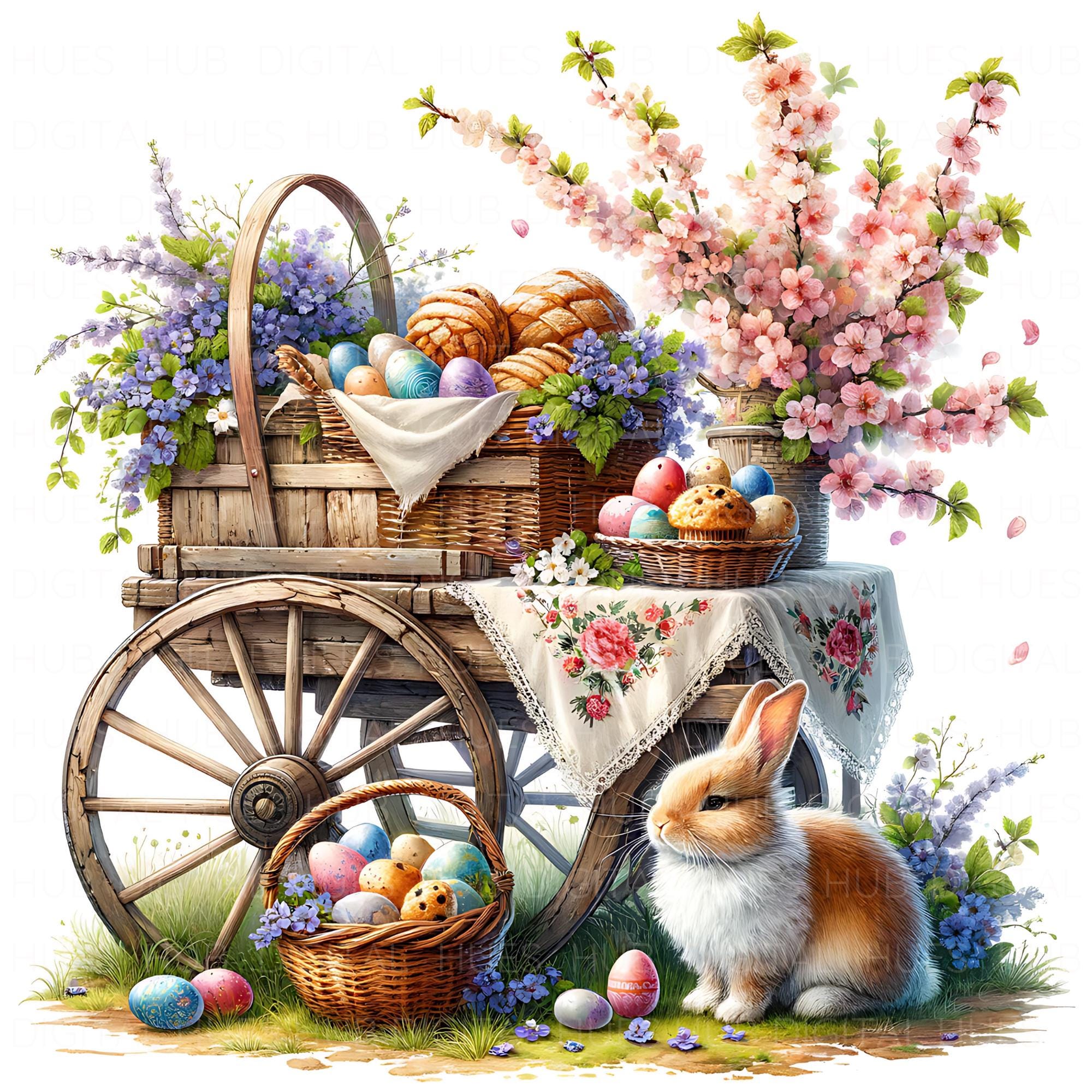 11 Easter Cart in Garden Clipart Watercolor Easter Spring Printable ...