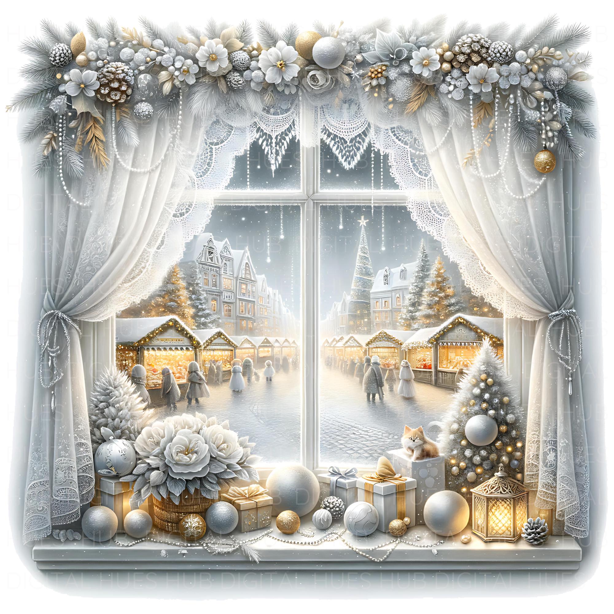 10 Christmas Window Scene Clipart: Watercolor Cozy Winter Village JPEG ...