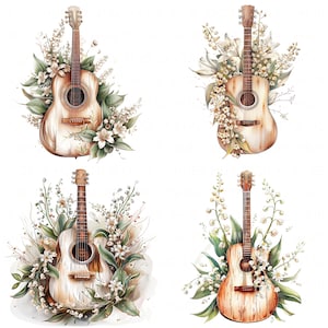 11 aquarel gitaar & lelietje-van-dalen clipartbundel bloemen clipart afdrukbare hoge kwaliteit jpeg voor papier ambachtelijke ongewenste dagboek plakboek