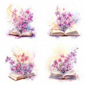 May include: Four watercolor illustrations of open books with pink and purple orchids bursting from the pages. The books are set against a white background with watercolor splatters.