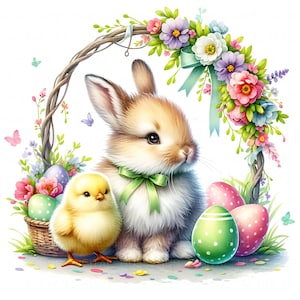 13 Coniglietto pasquale con pulcino Clipart Acquerello Pasqua Primavera Arte Stampabile Alta Qualità JPEG Carta da Giornale Carta Artigianato Scrapbook Asilo Nido Carte