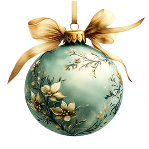 10 boules de Noël vertes Clipart aquarelle fête vintage boule de Noël imprimable PNG de haute qualité pour carte de scrapbooking papier artisanat papier