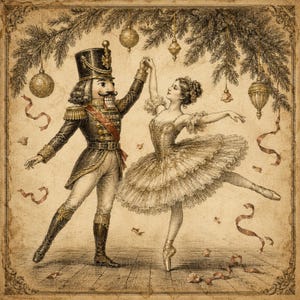 May include: A vintage-style illustration featuring a nutcracker in a dark uniform with gold accents dancing with a ballerina in a layered white tutu. The scene is framed by evergreen branches adorned with hanging gold ornaments and ribbons.