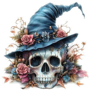 14 Clipart crâne floral avec chapeau de sorcière aquarelle Halloween crâne humain haute qualité JPEG imprimable pour scrapbooking, journaux indésirables, travaux manuels en papier