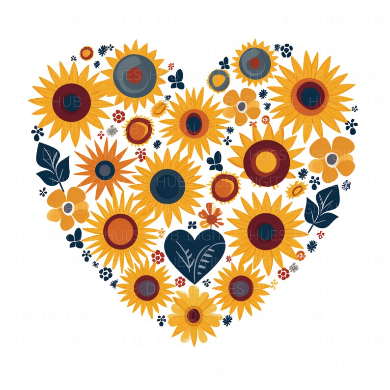 13 Sunflower Heart Clipart Bundle Watercolor Floral Heart Printable ...