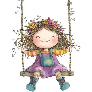 12 Little Girl On Swing Clipart Watercolor Quirky Whimsical Girl Happy Girl Printable High Quality PNG Junk Journal Scrapbook Paper Craft