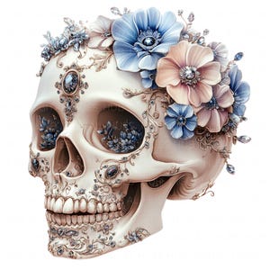 12 têtes de mort florales avec des cliparts en cristal aquarelle tête de mort squelette chic haute qualité imprimable JPEG pour scrapbooking, journaux indésirables, travaux manuels en papier, bricolage