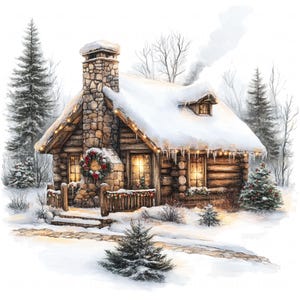 13 Snowy Christmas Cabin Clipart Akwarela Przytulny Dom w Lesie Wydrukuj Wysokiej Jakości JPEG Dla Junk Journal Paper Craft Scrapbook Cards DIY