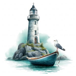 17 clipart de farol vintage aquarela pintura de farol à beira-mar para impressão em JPG de alta qualidade diário de lixo papel artesanato scrapbook arte de parede