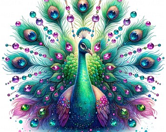 宝石をちりばめた孔雀のクリップアート11点。水彩画、クリスタル、宝石