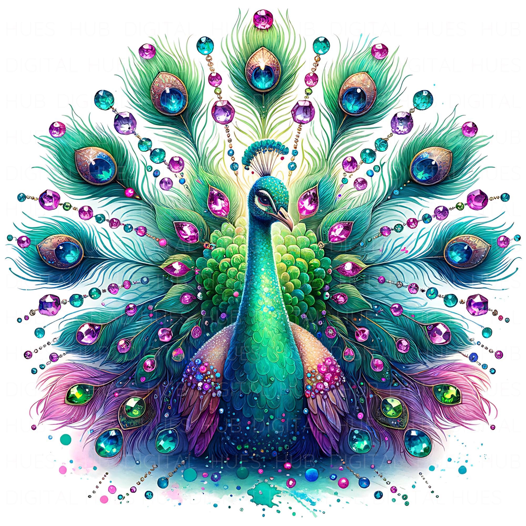 宝石をちりばめた孔雀のクリップアート11点。水彩画、クリスタル、宝石
