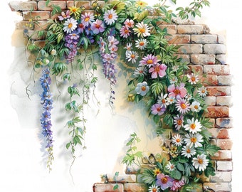 10 Wildflower Brick Wall Clipart Aquarela Jardim Clipart Floral Parede Imprimível Alta Qualidade JPEG Junk Journal Scrapbook Papel Artesanato DIYs